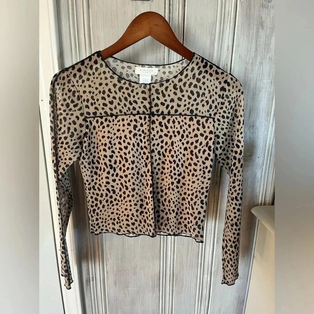 A.L.C. Leopard Mesh Long Sleeve Crop Top in Beige/Black